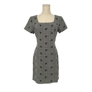 Vintage 1990s Tabloid Plaid Office Siren Square Neck Embroidered Mini Dress Sz 6